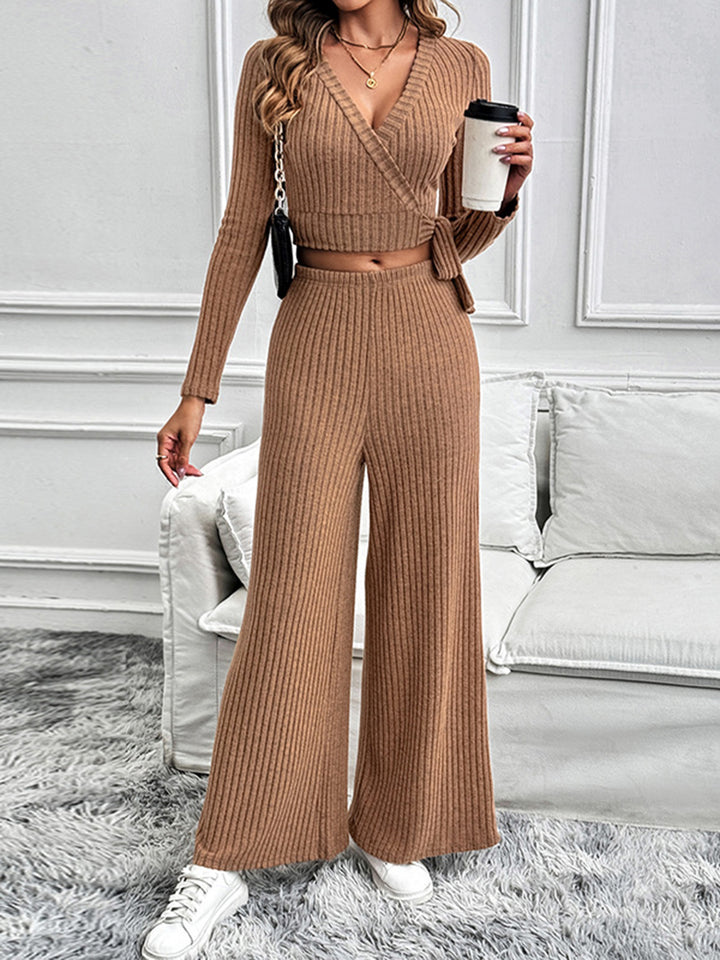 Chic Perfee Surplice Long Sleeve Top and Trouser Set