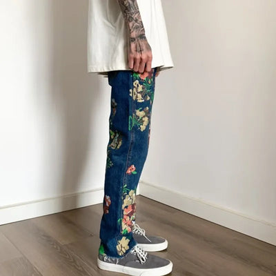 Fashion-Forward Men's Artisan Floral Fringed Jeans Indigo