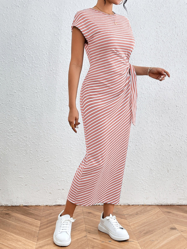 Chic Tied Striped Short Sleeve Dress with Round Neck