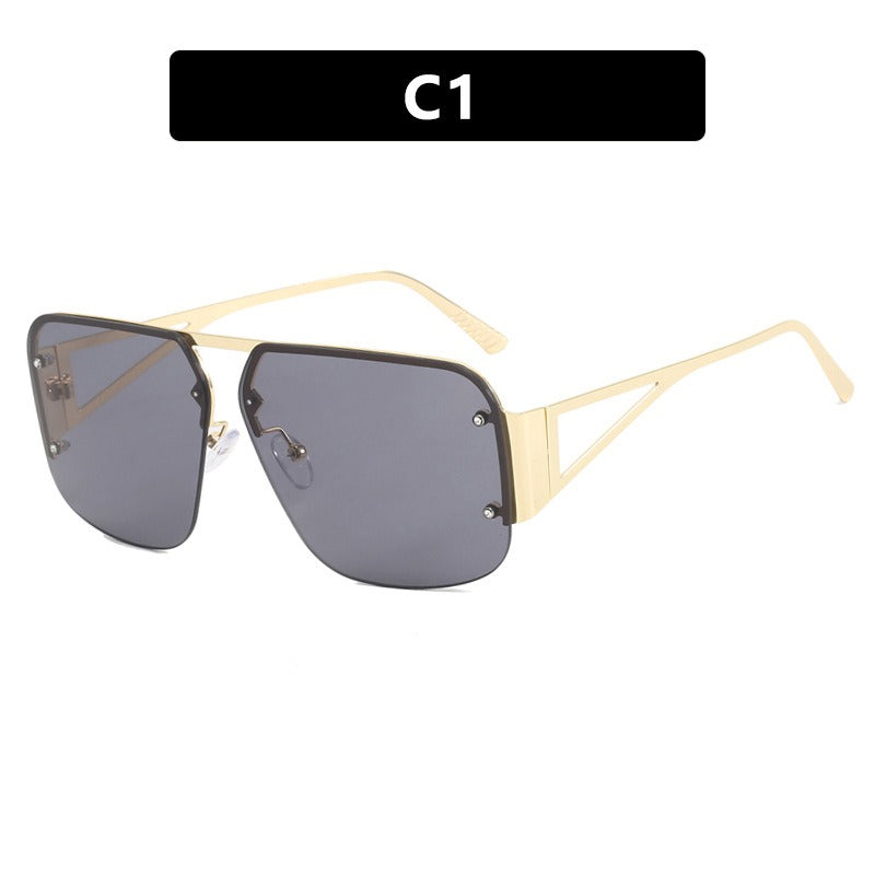 Versatile Half Frame Square Sunglasses with Blue Lenses and Gold Metal Frame