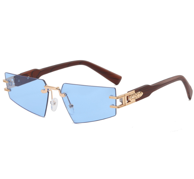 Frameless Gray Sunglasses with Wood Grain Legs