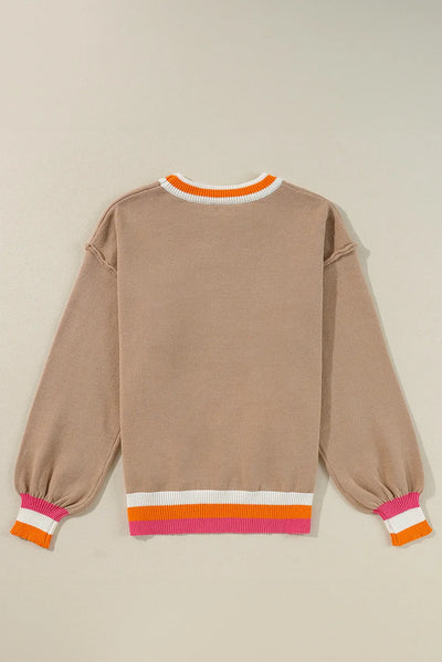 Contrast Round Neck Long Sleeve Sweater for Women Fashion