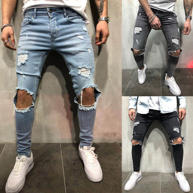 Skinny Fit Distressed Denim Pants for Men - Trendy European and American Design