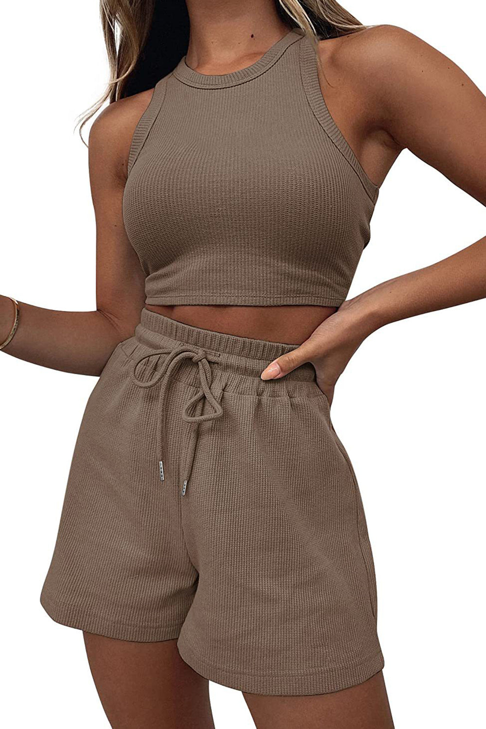 Stylish Round Neck Lounge Set with Adjustable Shorts Set