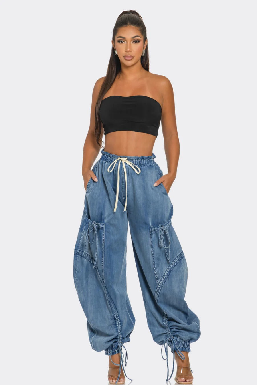 Women’s Slimming Straight Leg Jeans with Elastic Waistband and Drawstring Tie - Casual Loose Fit Pants