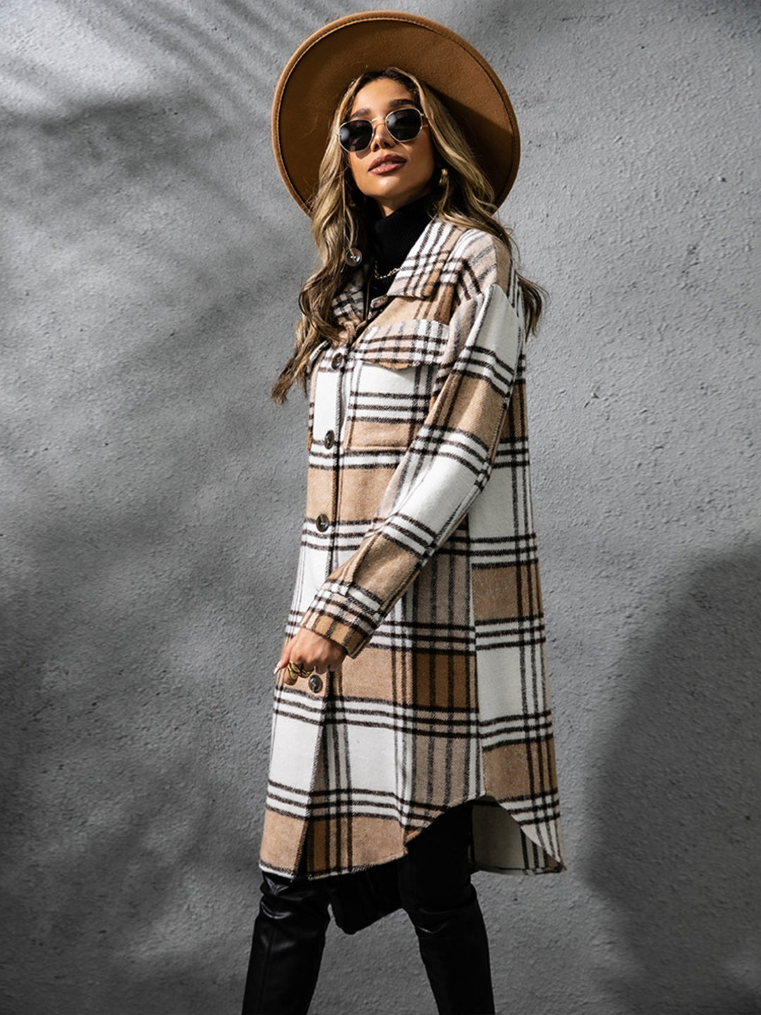 Chic Plaid Long Sleeve Coat with Collared Neck