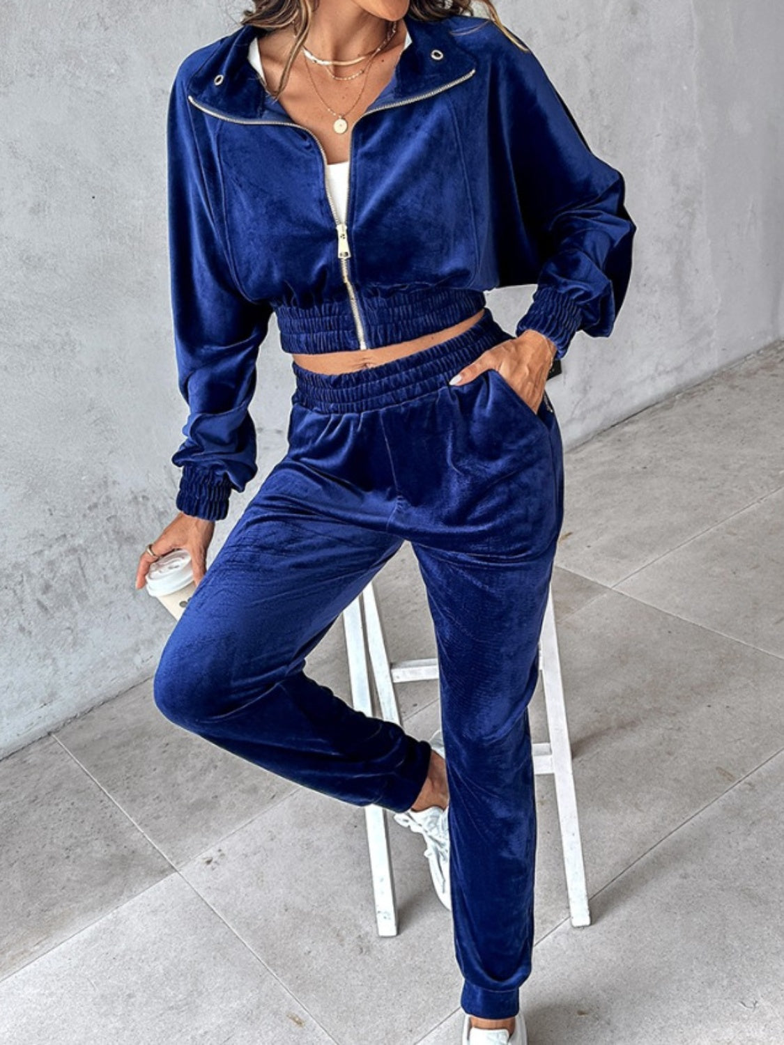 Cropped Zip-Up Long Sleeve Top and Jogger Set for Women