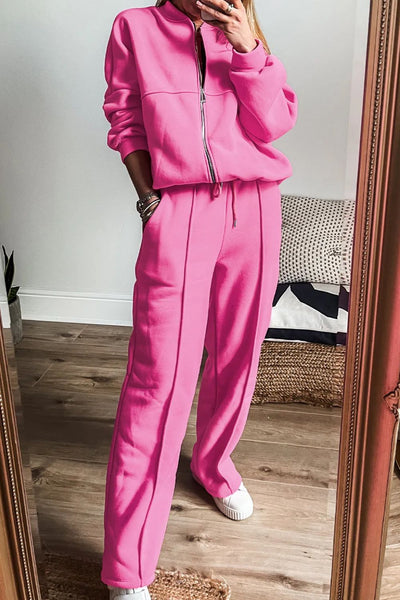 Chic Zip-Up Long Sleeve Top and Matching Pants Ensemble Set