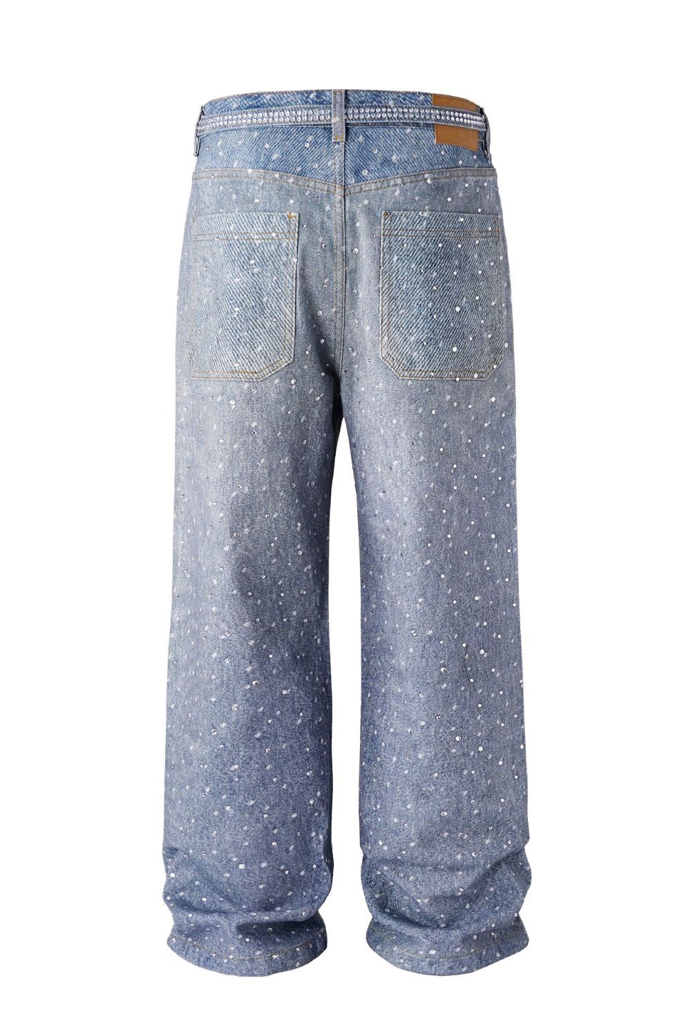 Men's Washed Rhinestone Jeans with Rhinestone Belt Stylish
