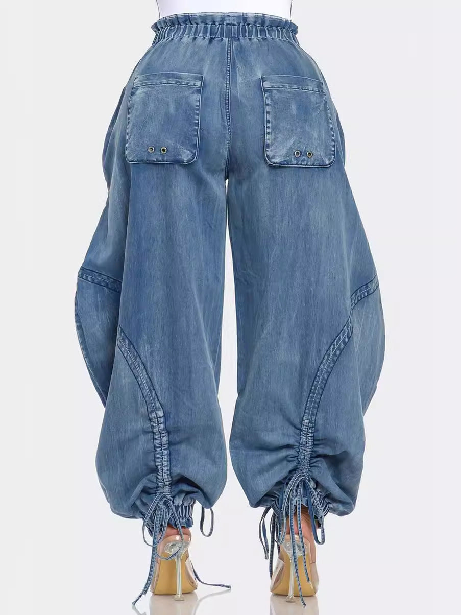 Women’s Slimming Straight Leg Jeans with Elastic Waistband and Drawstring Tie - Casual Loose Fit Pants