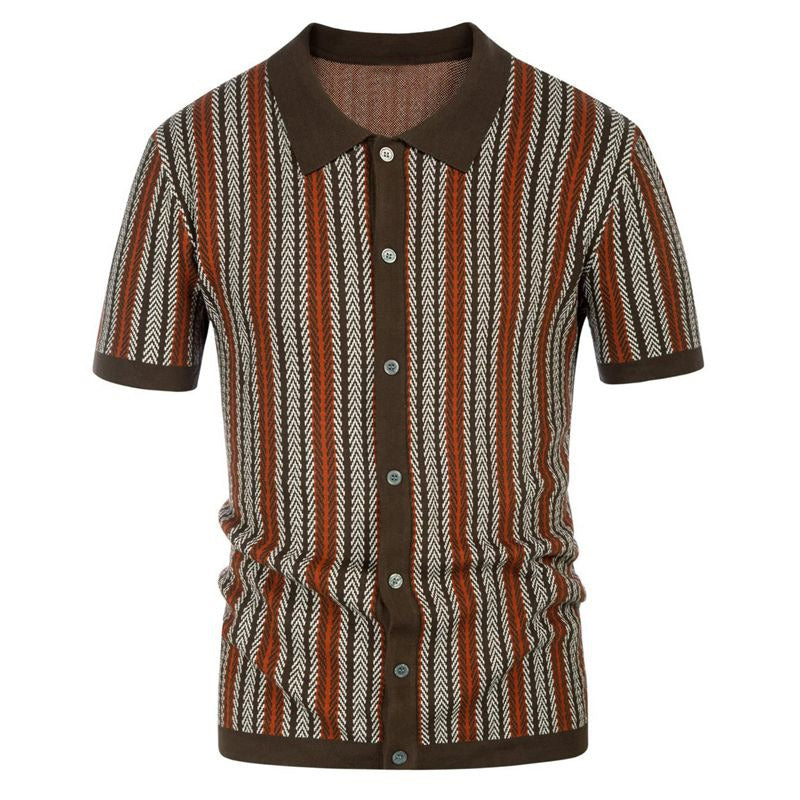 Elegant Ice Cool Silk Striped Jacquard Polo Shirt - Ideal Father's Day Gift for the Modern Man