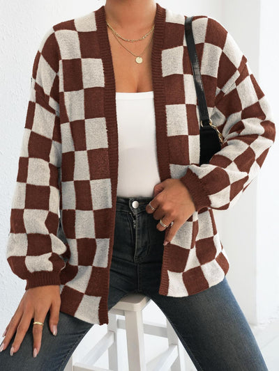 Plaid Open Front Long Sleeve Sweater Cardigan for Women