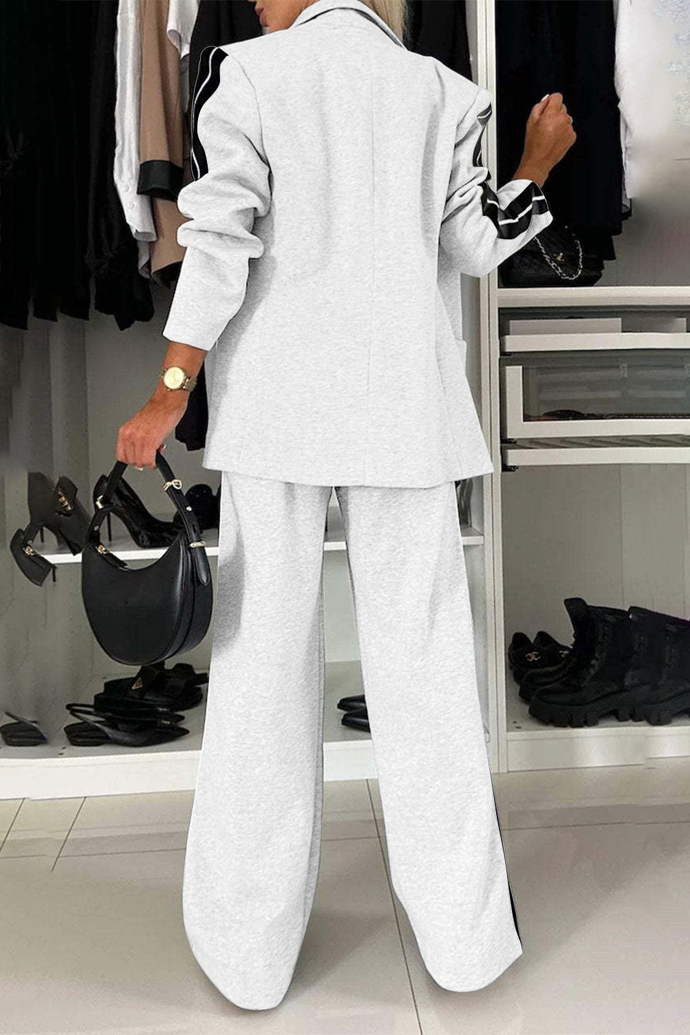 Full Size Contrast Lapel Collar Top and Pants Set for Women