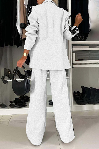 Full Size Contrast Lapel Collar Top and Pants Set for Women