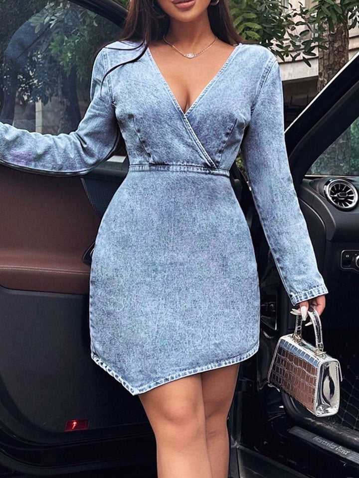 Chic Surplice Denim Dress with Long Sleeves