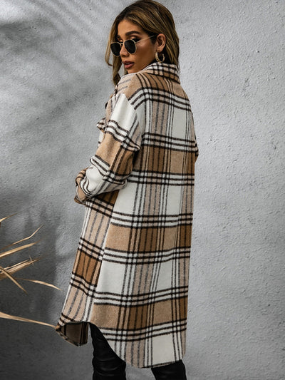 Chic Plaid Long Sleeve Coat with Collared Neck Fashion