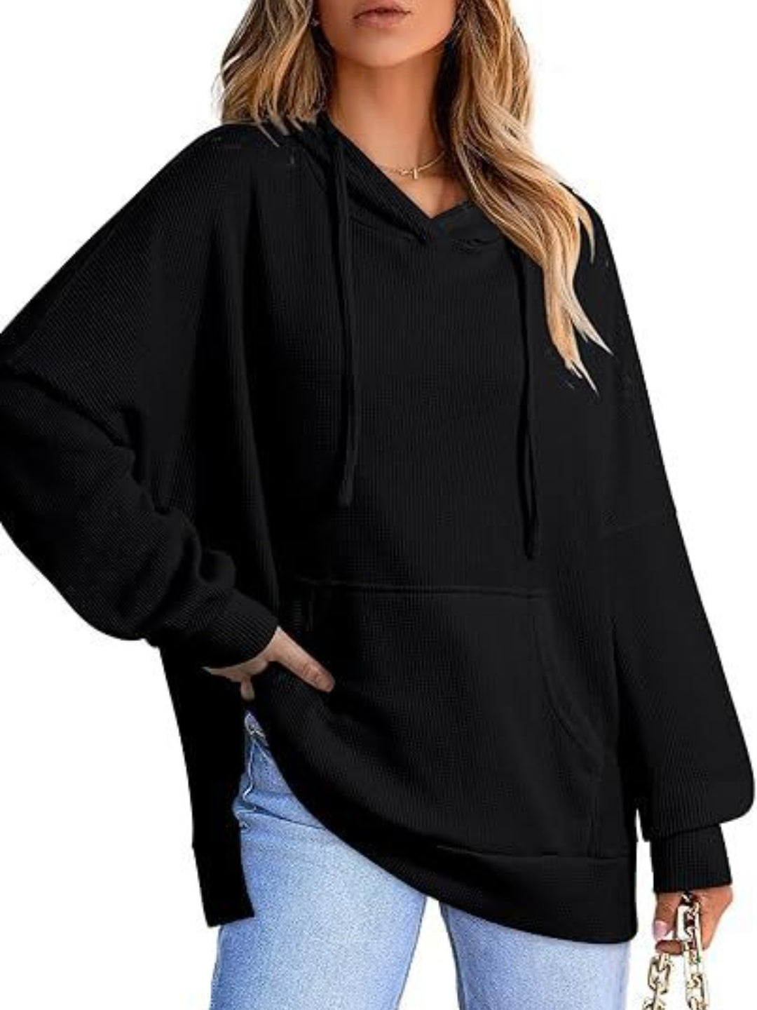 Sheer Slit Hooded Long Sleeve Top with Drawstring