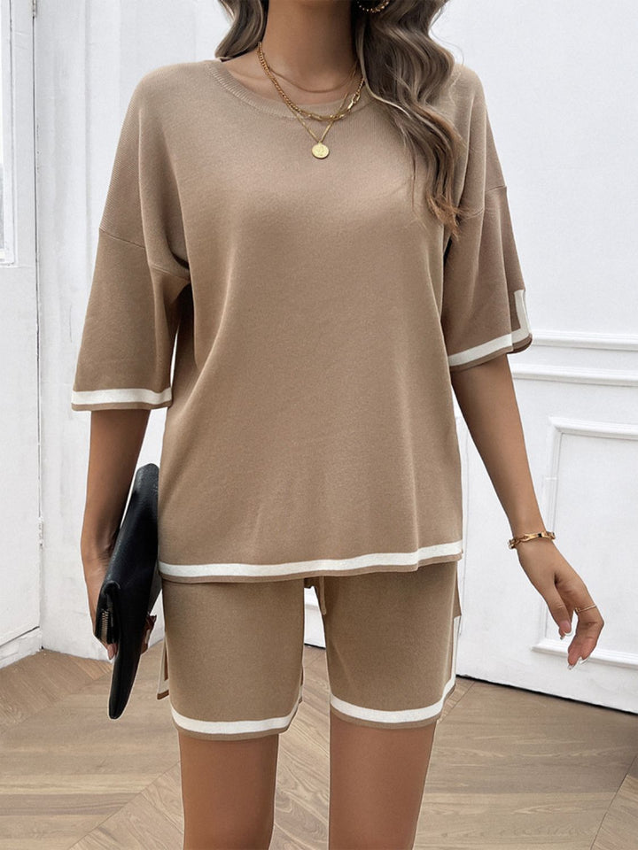 Stylish Contrast Trim Round Neck Top and Shorts Set