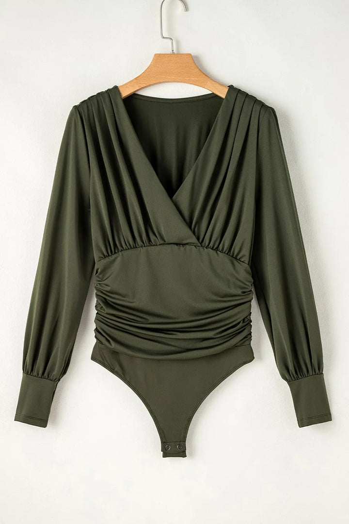 Chic Ruched Long Sleeve Bodysuit with Surplice Neckline