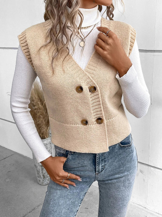 Full Size Button Up V-Neck Sweater Vest for Women