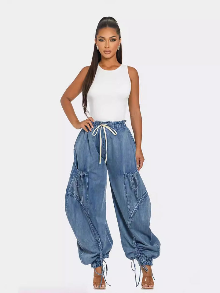 Women’s Slimming Straight Leg Jeans with Elastic Waistband and Drawstring Tie - Casual Loose Fit Pants