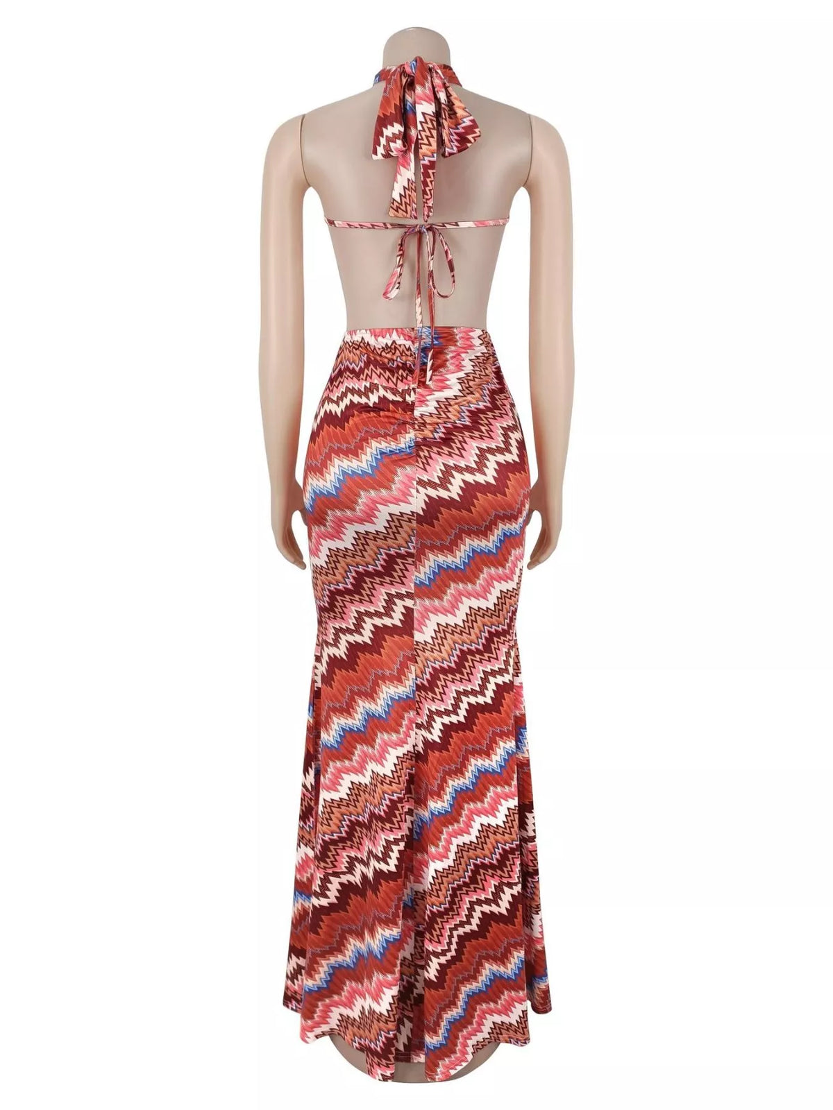 Chevron Print Halter Neck Cut-Out Maxi Dress