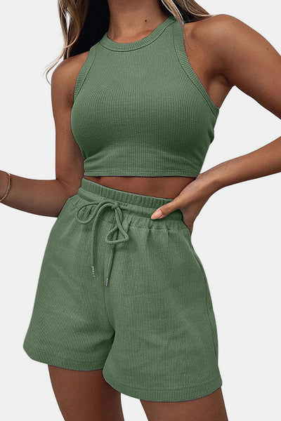 Stylish Round Neck Lounge Set with Adjustable Shorts Set