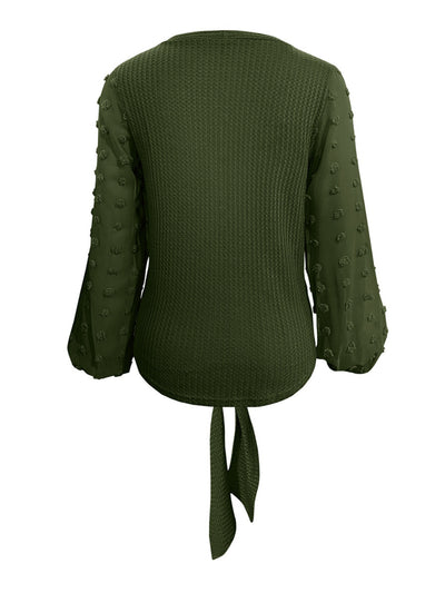 Chic Tied Swiss Dot V-Neck Blouse with Long Sleeves Style