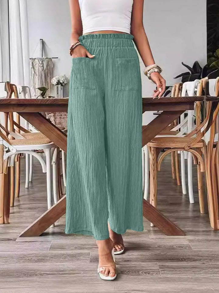 Chic Wide Leg Trousers with Elastic Waist and Pockets