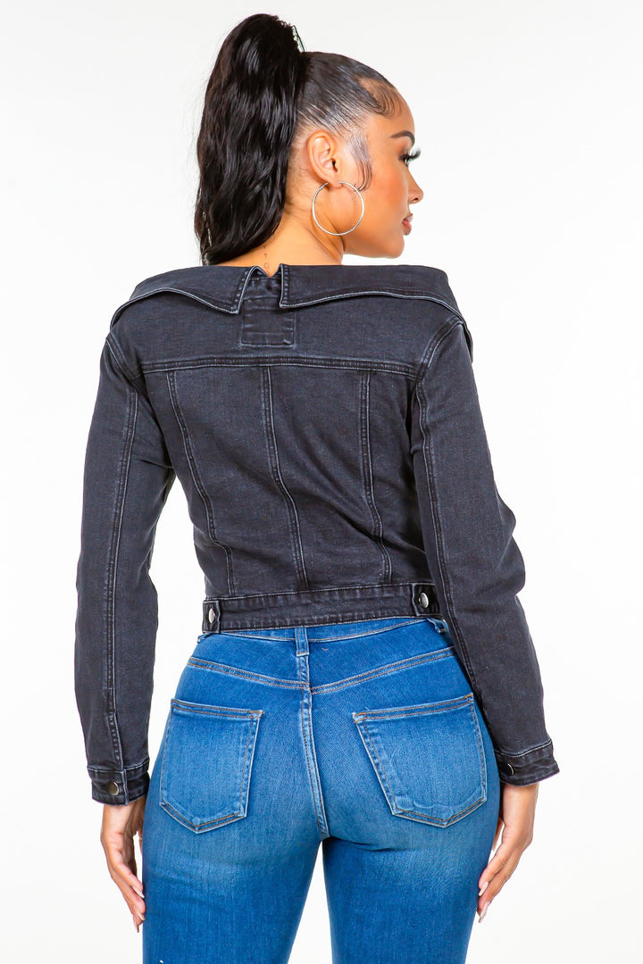 Stylish Off-Shoulder Lace-Up Denim Jacket for Fashion Enthusiasts