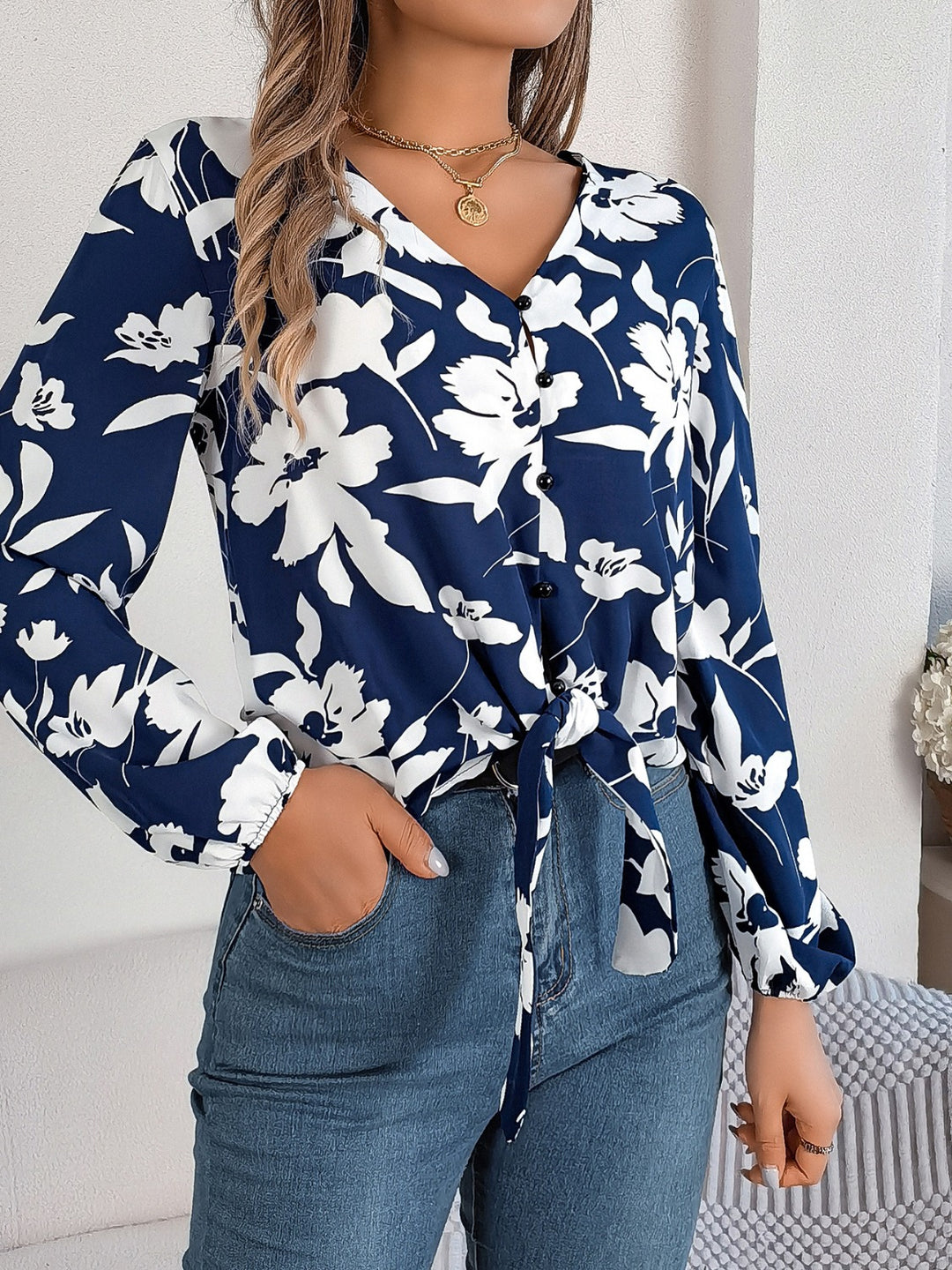 Elegant Printed Long Sleeve V-Neck Blouse