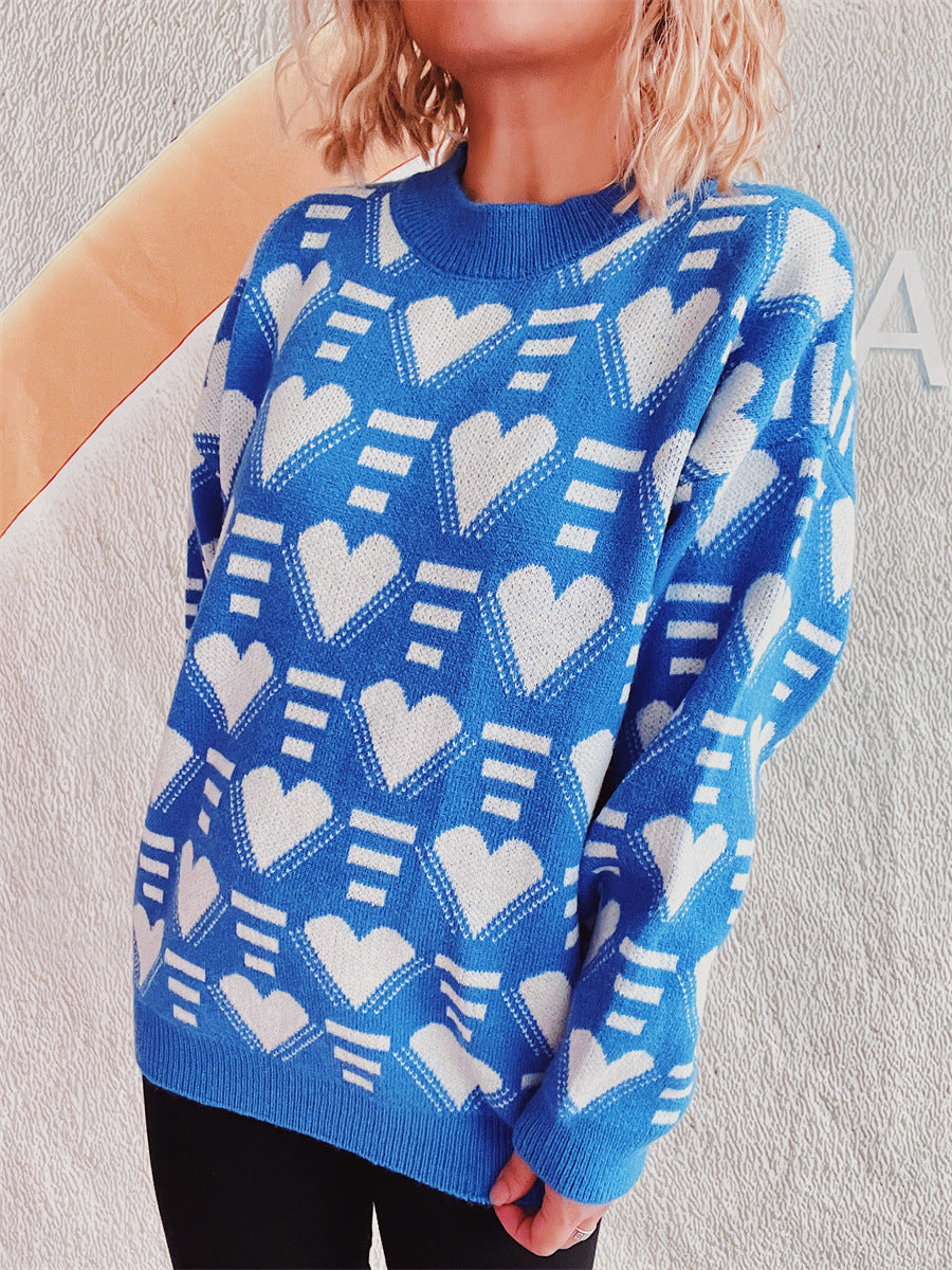 Charming Heart Contrast Oversized Sweater for Cozy Style