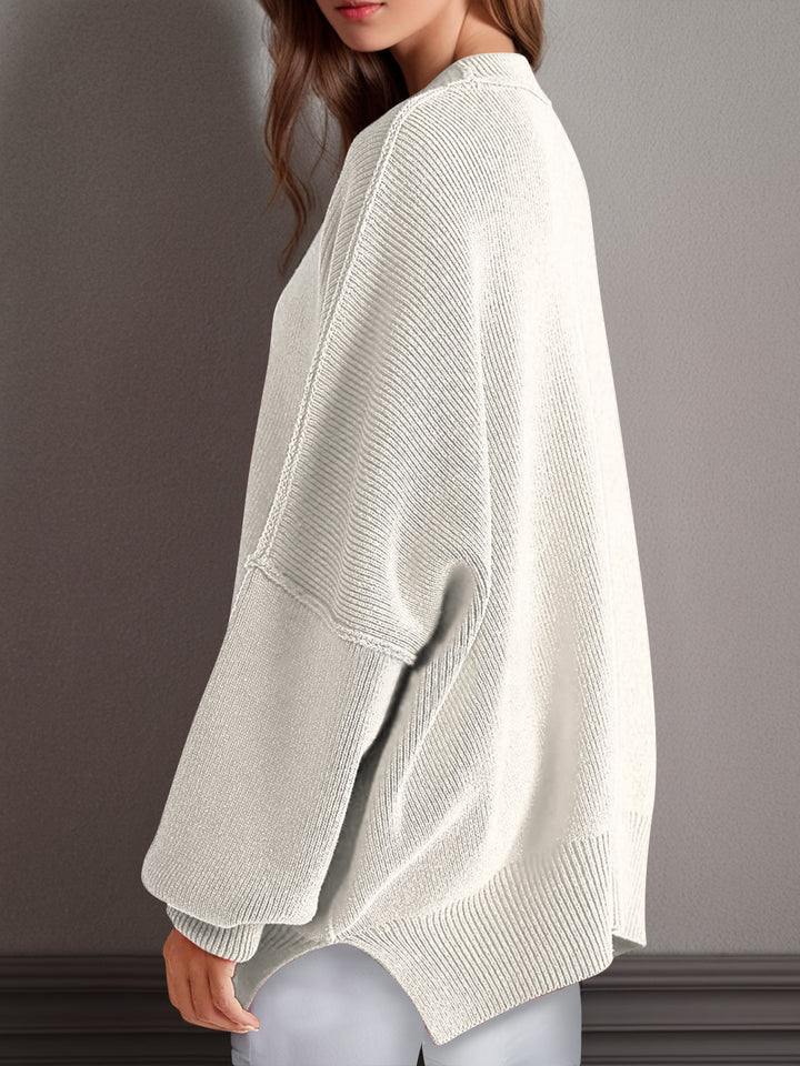 Chic Side Slit Long Sleeve Sweater with Round Neck