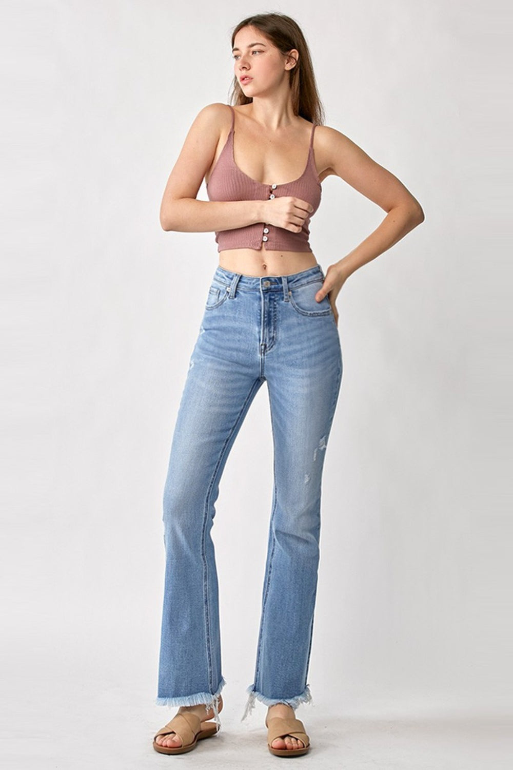 High Rise Distressed Bootcut Denim Jeans by RISEN