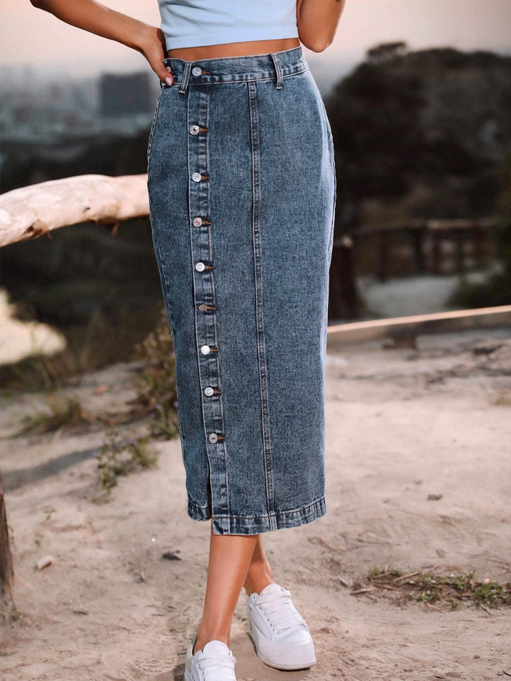 Classic Button Front Denim Skirt