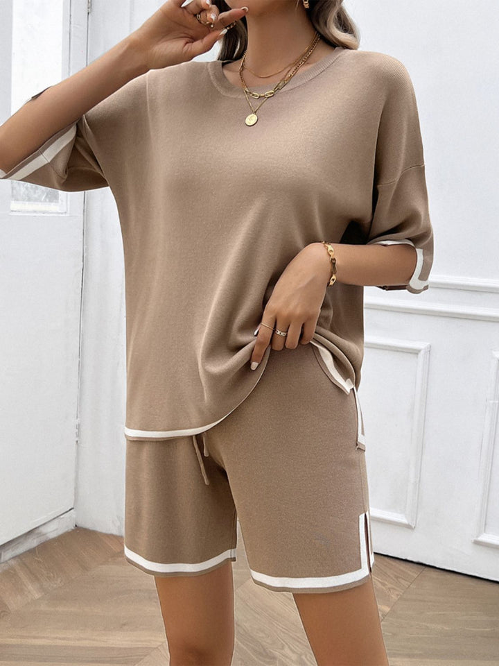 Stylish Contrast Trim Round Neck Top and Shorts Set