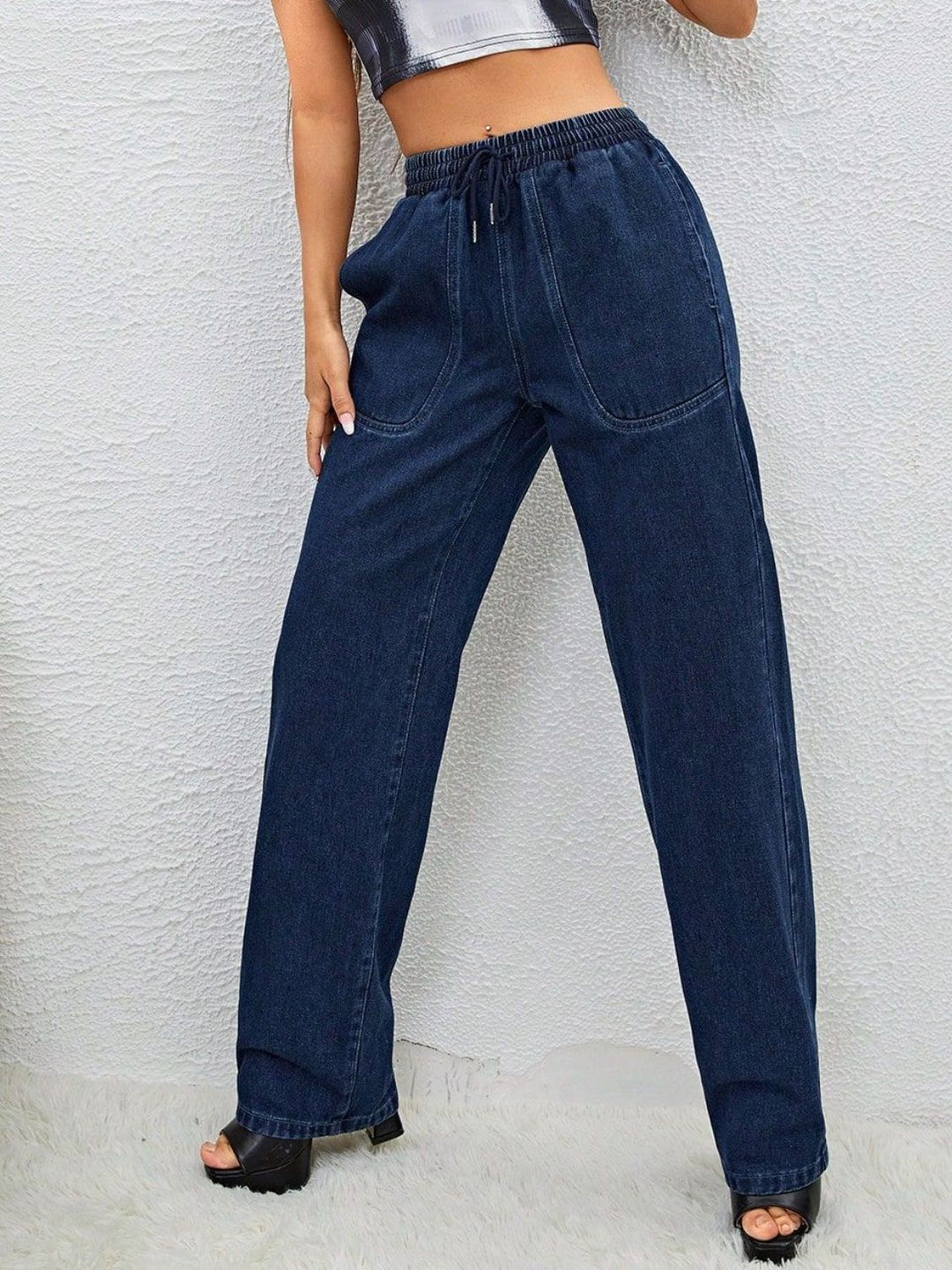 Adjustable Drawstring Waist Jeans with Functional Pockets