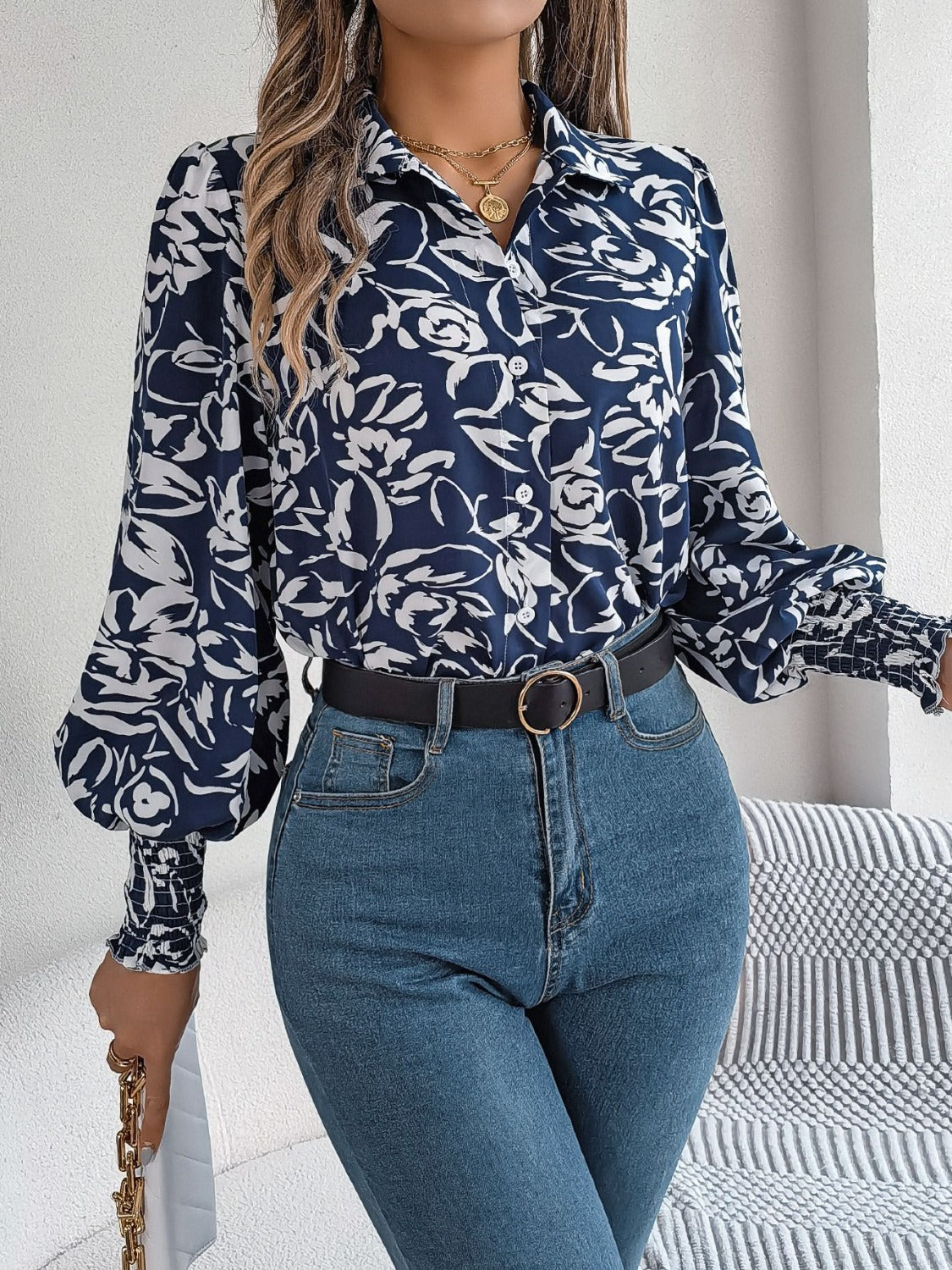 Stylish Printed Lantern Sleeve Button-Up Blouse for Women