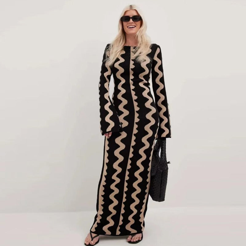 Chic Knitted Long Sleeve Flare Dress for Women Elegant Skirt