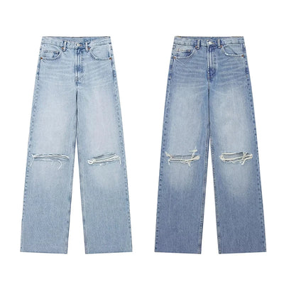 Trendy Women's High-Waisted Wide Leg Denim Jeans Distressed