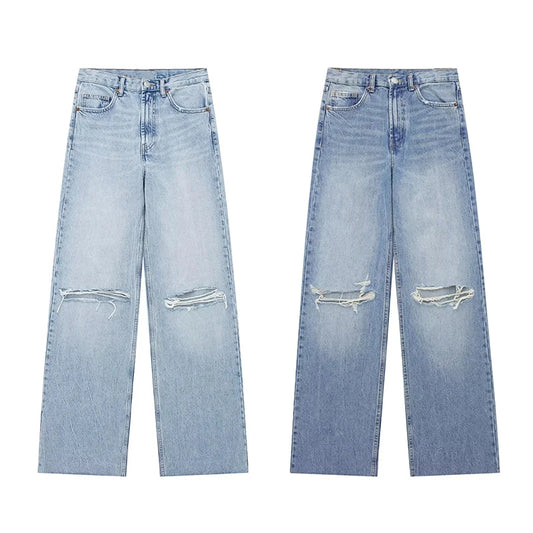 Trendy Women's High-Waisted Wide Leg Denim Jeans Distressed