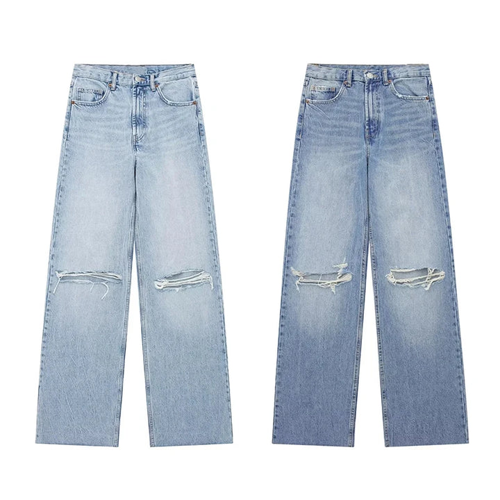 Trendy Women's High-Waisted Wide Leg Denim Jeans with Distressed Holes