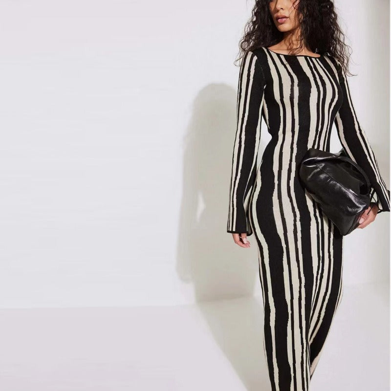 Chic Knitted Long Sleeve Flare Dress for Women Elegant Skirt