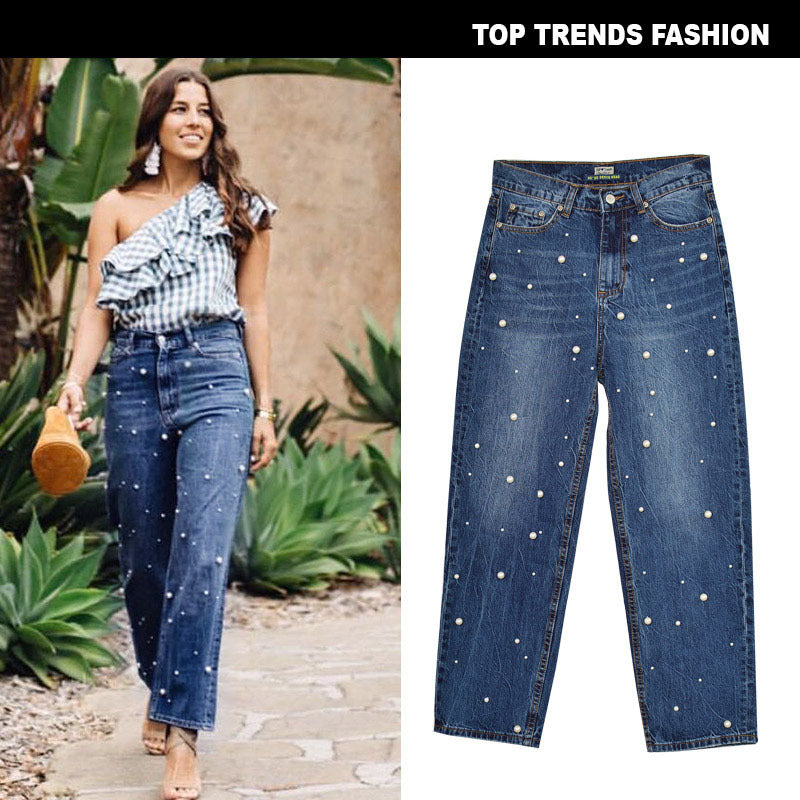 Women's High-Waisted Wide-Leg Flared Jeans with Pearl Studded Details