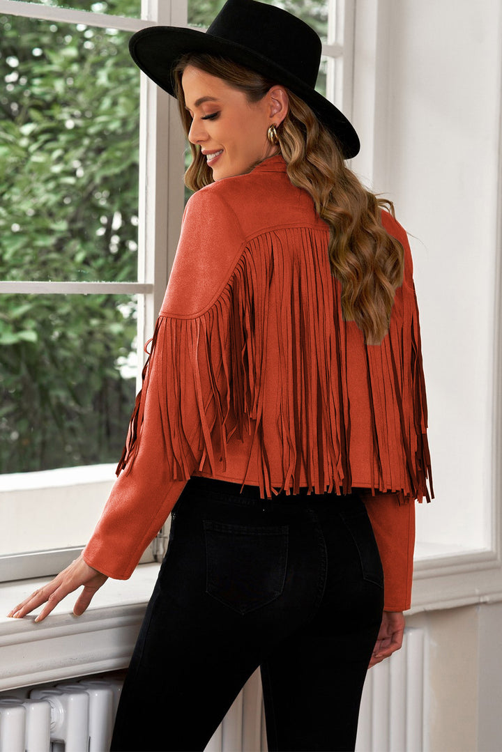 Fringe Detail Cropped Blazer with Lapel Collar