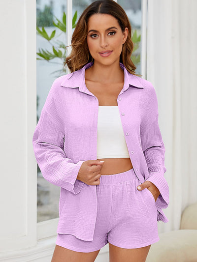 Trendy Button-Up Long Sleeve Top and Shorts Set for Women