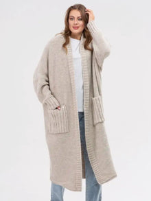 Pocketed Open Front Long Sleeve Longline Cardigan for Women