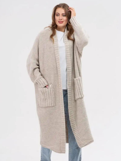 Pocketed Open Front Long Sleeve Longline Cardigan for Women