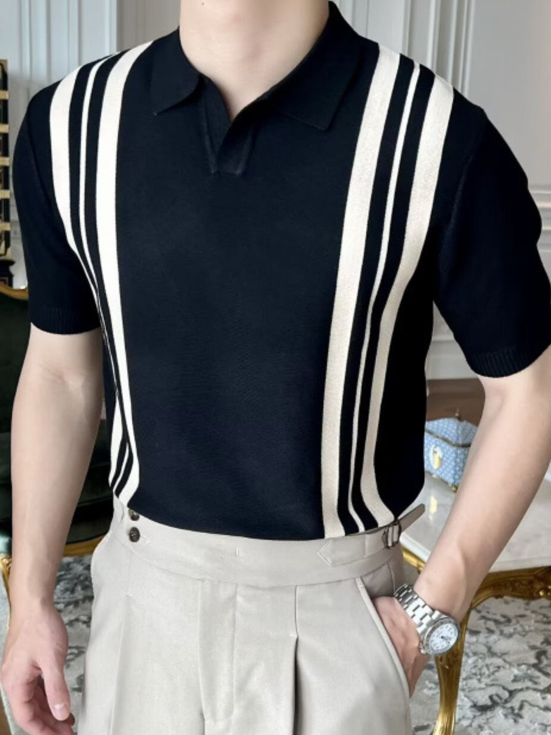 Men's Plus Size Contrast Collared Neck Polo Shirt for Comfort