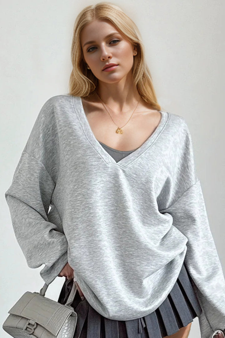 Chic V-Neck Long Sleeve Sweatshirt with Built-in Bra